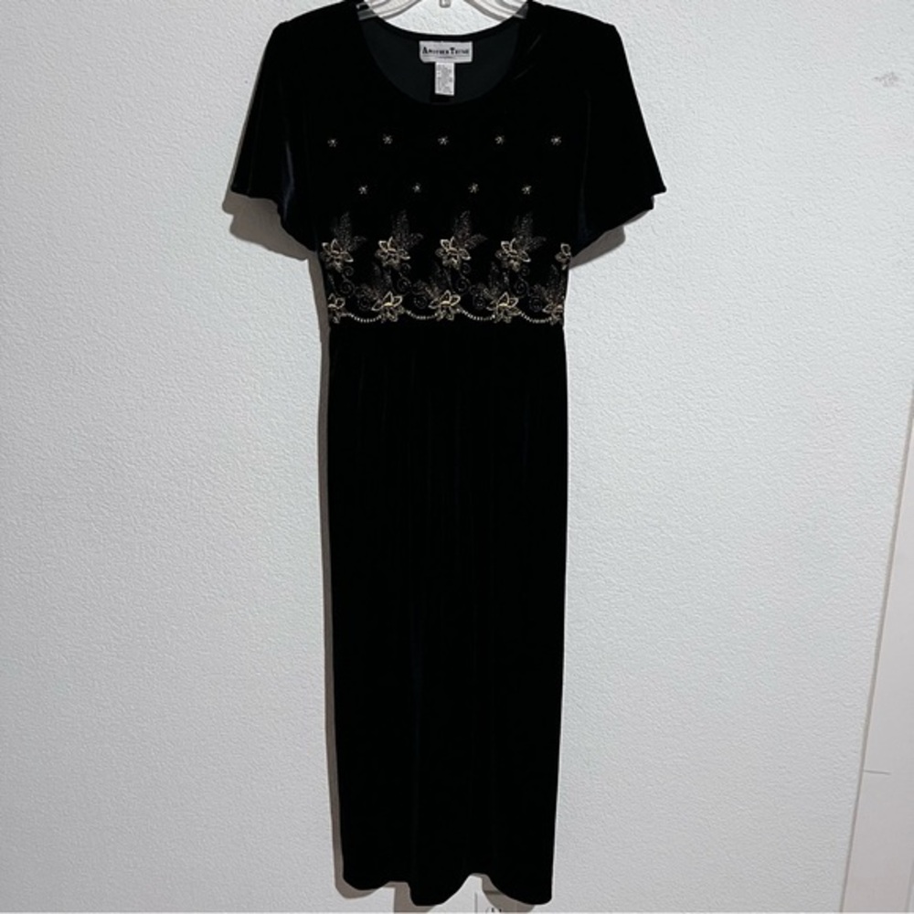 VTG Another Time Black Velvet Velour Gold Embroidery Evening Cocktail Dress M